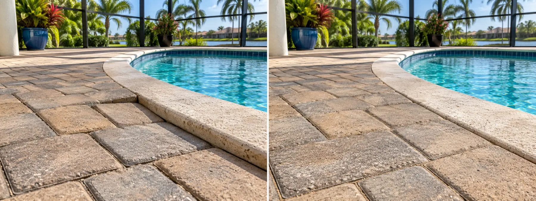 Sunken pool deck pavers before and level pavers after Apex repair